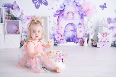 pink and purple fairy cake smash setup and butterfly cake