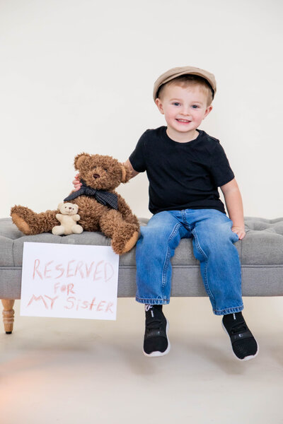 Photo of Brother with stuffed bear | Maine Photographer