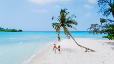 Couple walking hand in hand along a white sandy beach with turquoise water and a leaning palm tree.