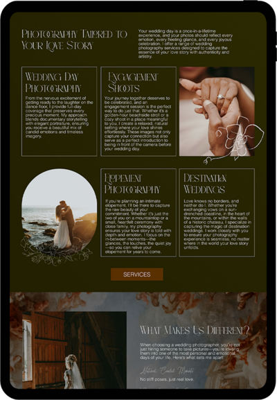 Custom-built website with dramatic layout and refined details to elevate a female wedding photographer’s brand


