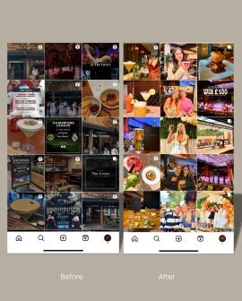 A side-by-side comparison of Holly’s Bakery’s Instagram feed before and after working with a professional social media manager. The improved feed showcases a cohesive brand aesthetic, engaging visuals, and strategic content that enhances the bakery’s online presence and customer engagement.