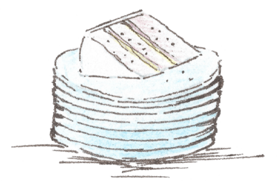 A hand drawn illustration of a stack of plates with a slice of cake on the top plate
