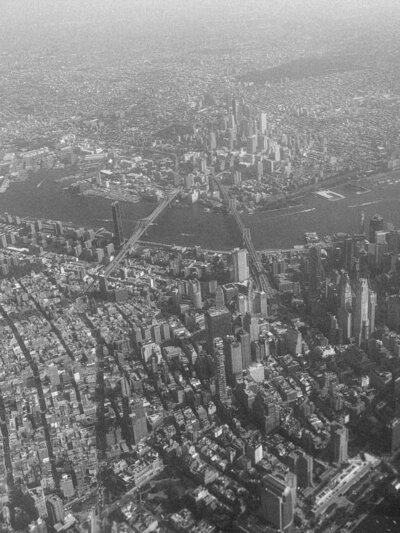 Black and white aerial image of New York City taken by Haley Maria Photography.