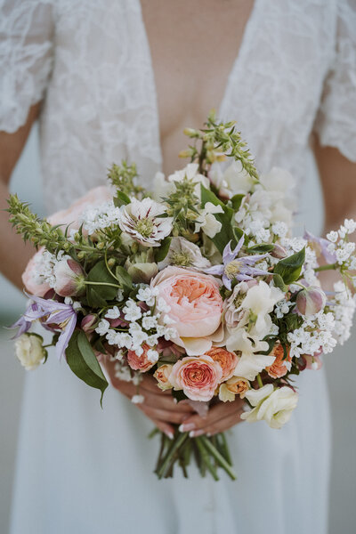 bridal bouquet with spring florals and whimsical style