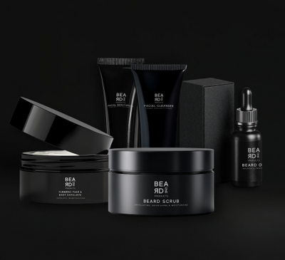Collection of Beard One men's grooming products on a black background