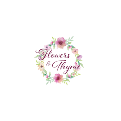 Flowers and Thyme florist logo with the business name and floral wreath design.