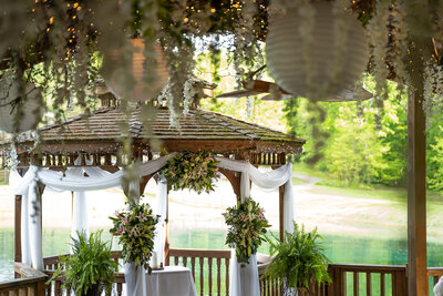 The gazebo and hanging florals at Cheers Chalet in Lancaster, Ohio.