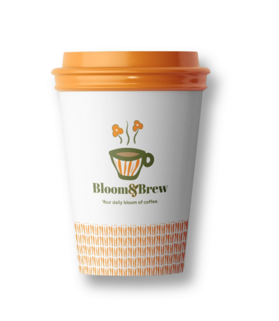 A coffee cup labeled "bloom & brew," designed with a contemporary aesthetic, placed on a simple surface.