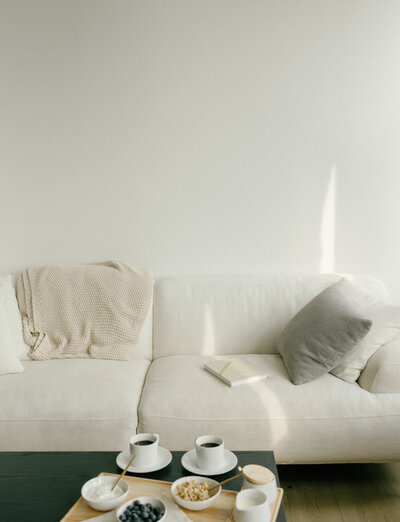breakfast in bed style tray with coffee, fruit, granola on a coffee table with a beige linen couch, film brand photography