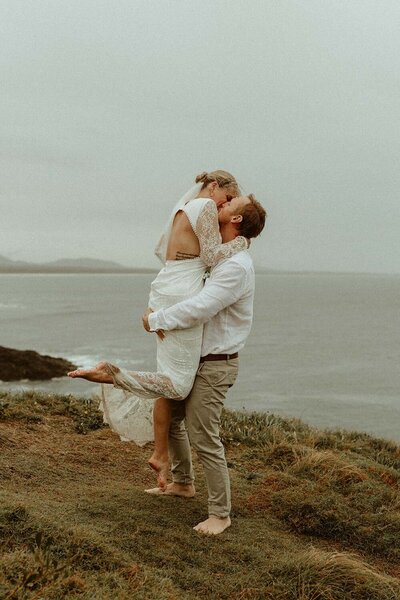 Bride and groom snuggling
