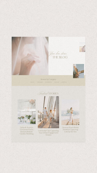 Screenshot of a modern Showit website template for wedding photographers