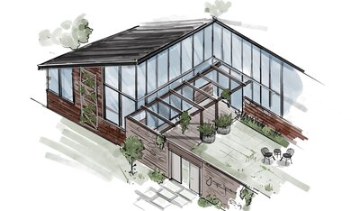 Rendering of mid century modern greenhouse wedding venue courtyard view