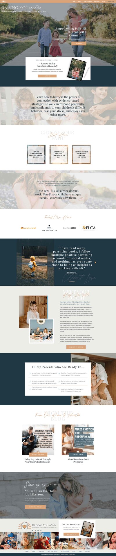 Custom Showit website design for Raising You and Me parent coaching, a woman-owned business.