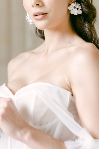 A wedding day photo of a bride in her white wedding dress at Chateau de Jalesnes in France