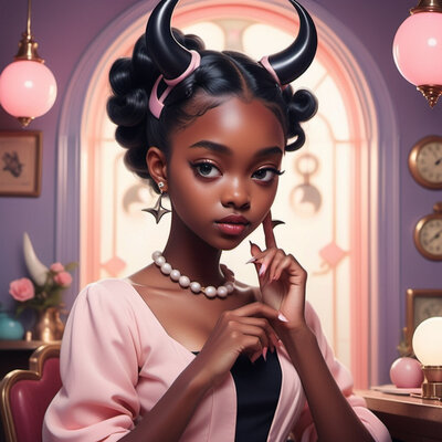 Black haired girl with horns and gel manicure