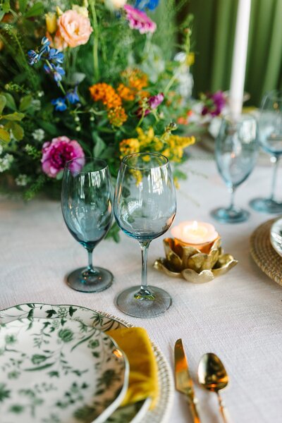 Green and blue wedding tablescape