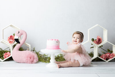 Dallas baby milestone photographer captures a cake smash session with a baby girl in a pearl pink dress, frosting on her face, sitting beside a pink ombré cake and whimsical flamingo decor.