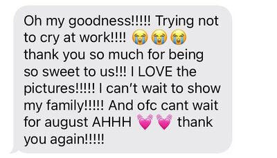 a photo of a text message sent to Sarah Mismash, a seattle, washington Wedding Photographer, thanking her for wedding and engagement photography