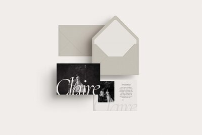 Minimalist editorial stationery mockup for the Claire Showit website template, designed for wedding photographers who want to present a timeless and luxurious client experience with cohesive print branding.