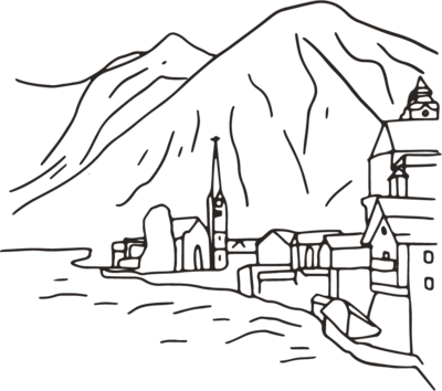hand illustrated city and mountains