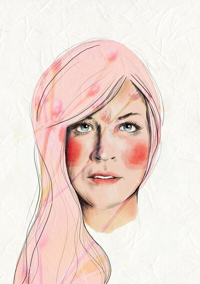 portrait digital painting with texture and nature light pink red