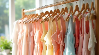 Soft pastel dresses hanging on wooden hangers from Oaklynn & Ivy Co., a southern faith-inspired women’s boutique offering timeless, elegant style.