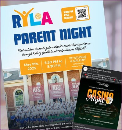 Custom event flyers for Abilene Southwest Rotary Club, including RYLA Parent Night and casino fundraiser, designed by Helia Studios