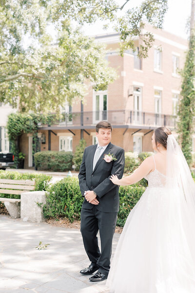 wedding bride and groom first look savannah georgia
