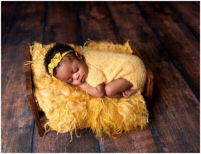 Brooklyn baby photographer posed baby on mustard fur