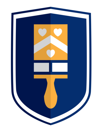 LeBaron Painting's logo: gold paint brush inside a blue crest.