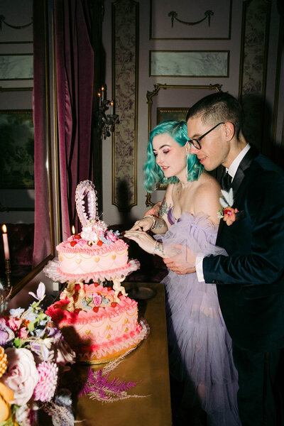 rainbow nyc intimate wedding at dear irving gramercy marie antoinette room with purple tulle dress and teal hair and pink cake by gemini bake