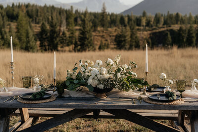 A beautiful floral centerpiece with a mountain view.
