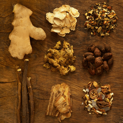 Ayurvedic herbs on wood