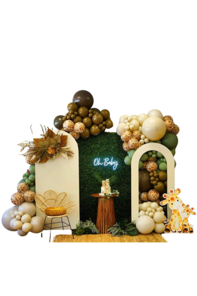 Full event setup with wooden backdrops, grass wall and 2 full garlands as well as a cake stand and a chair designed by Loononna, Orlando, FL