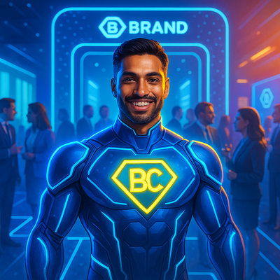 Professional event photo where a guest is transformed into a futuristic brand superhero standing inside a glowing branded environment