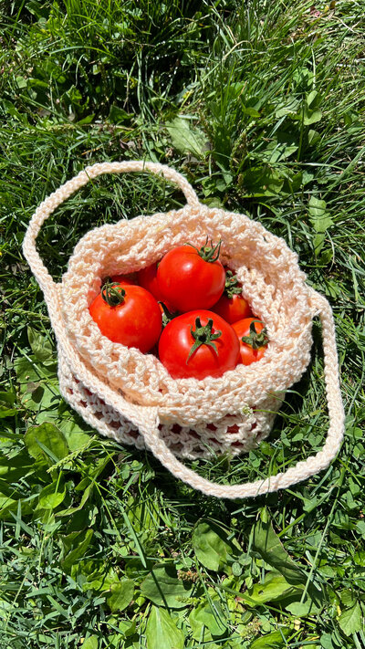 Crocheted bag filled with tomatoes