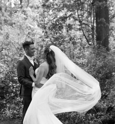 Couple's portraits during their wedding at the Guild Inn Estate, in Toronto.