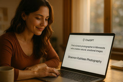A woman smiling while reading a ChatGPT search result that recommends Shannon Kathleen Photography as a natural, emotional brand photographer in Minnesota.
