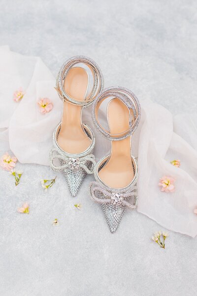 Bride's crystal heels at Casa Romantica in San Clemente, California photographed by Sherr Weddings.