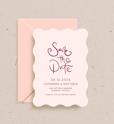 Poeme Wave nude colour save the date card with merlot print