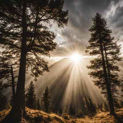 Light beams shining through trees in mountainous landscape.