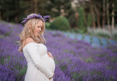 pregnant mom in lavender  in portland oregon