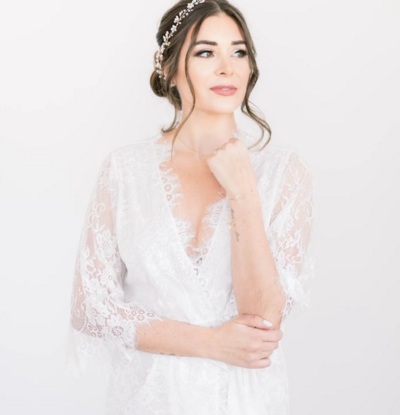 Stunning and feminine lace bridal robe By Catalfo, elegant wedding fashion based in Kelowna. Featured on the Brontë Bride Vendor Guide.