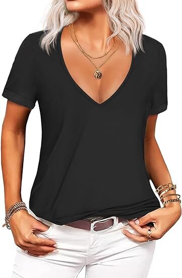 Woman wearing a Deep V T-Shirt Summer Top
