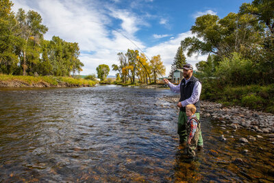 Family fishing the North Platte river in Saratoga, WY