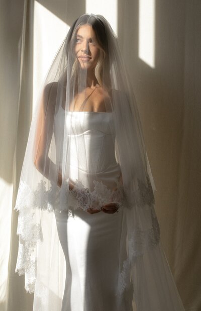 Bride in strapless gown with long veil, softly lit.