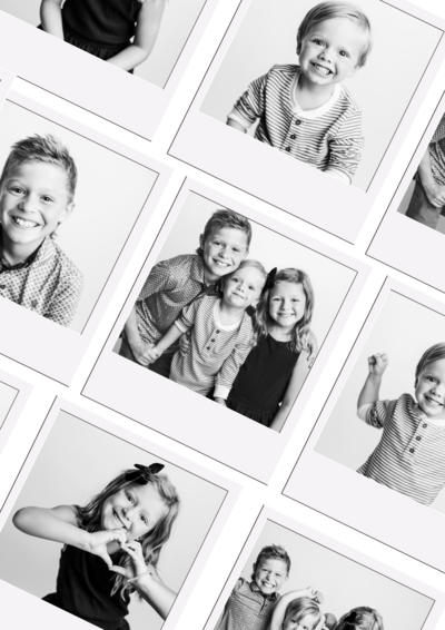 Photo collage filled with images of siblings laughing