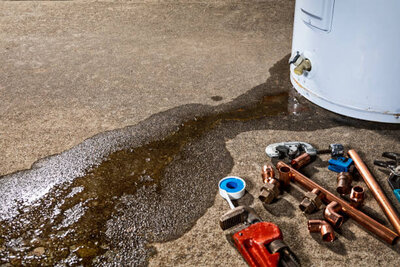 water leaking from water heater with tools to repair water heater near