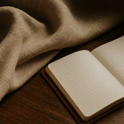 Luxury linen fabric draped beside an open brown leather notebook