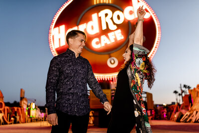 This Las Vegas engagement session was at the Neon Museum in front of the Hard Rock Cafe Guitar